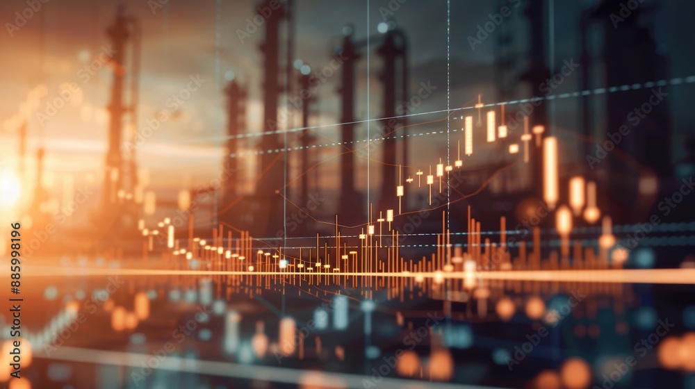 Fototapeta premium A declining oil price chart overlaid with images of a closed border and trade restrictions, capturing the impact of economic sanctions on oil prices