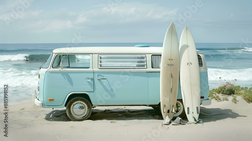 surfboards leaning against an old blue Kombi, with the beach in view. The boards have pastel colours  It's a clear day with light clouds in the sky. retro travel And modern lifestyle 