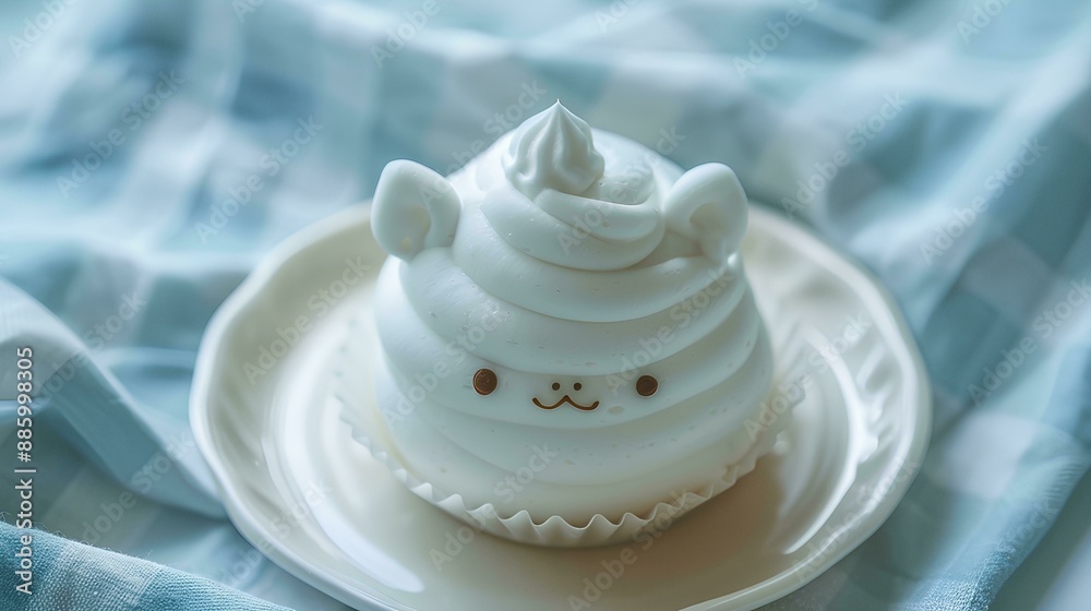 A small cake with white frosting on the top, shaped like an animal's head and face light blue checkered fabric underneath that reflects the colors from above A small cake with white frosting on the top, shaped like an animal's head and face light blue checkered fabric underneath that reflects the colors from above