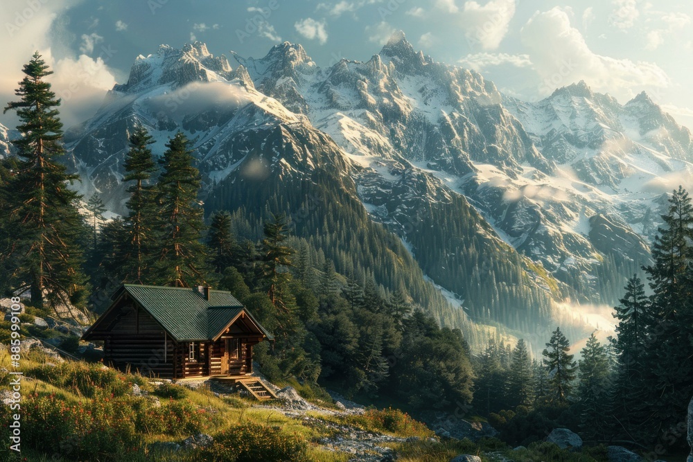 Cozy wooden cabin sits peacefully in a valley, surrounded by a lush forest and towering snow capped mountains