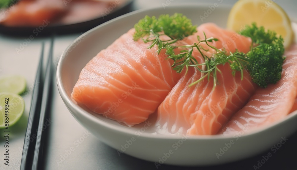 Raw Salmon sashimi with vegetable in ceramic bowl Raw Salmon sashimi with vegetable in ceramic bowl