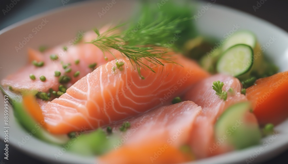 Raw Salmon sashimi with vegetable in ceramic bowl Raw Salmon sashimi with vegetable in ceramic bowl