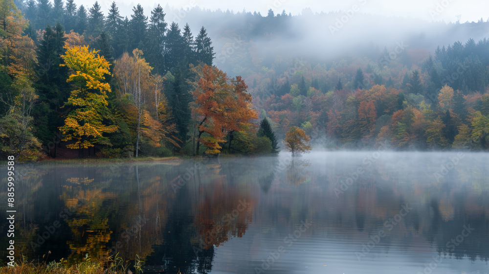 Fototapeta premium This captivating photograph captures a serene hilly landscape bathed in autumnal colors, shrouded in a gentle fog by the lake. Generative AI
