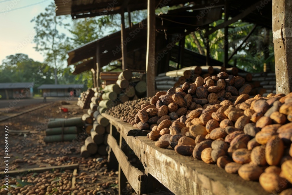 Cocoa beans drying on wooden structure at plantation in developing country Cocoa beans drying on wooden structure at plantation in developing country