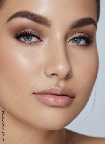A close-up portrait of a woman with natural makeup, featuring her blue eyes and soft, nude lips. The image is taken in a studio setting and showcases her flawless complexion
