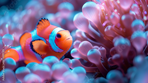 Clown fish with ​​anemone in the deep sea underwater. Anemone fish Nemo background © drewdrew