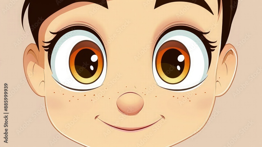 A cartoon face with oval eyes, subtly raised eyebrows, and a delicate smile 
