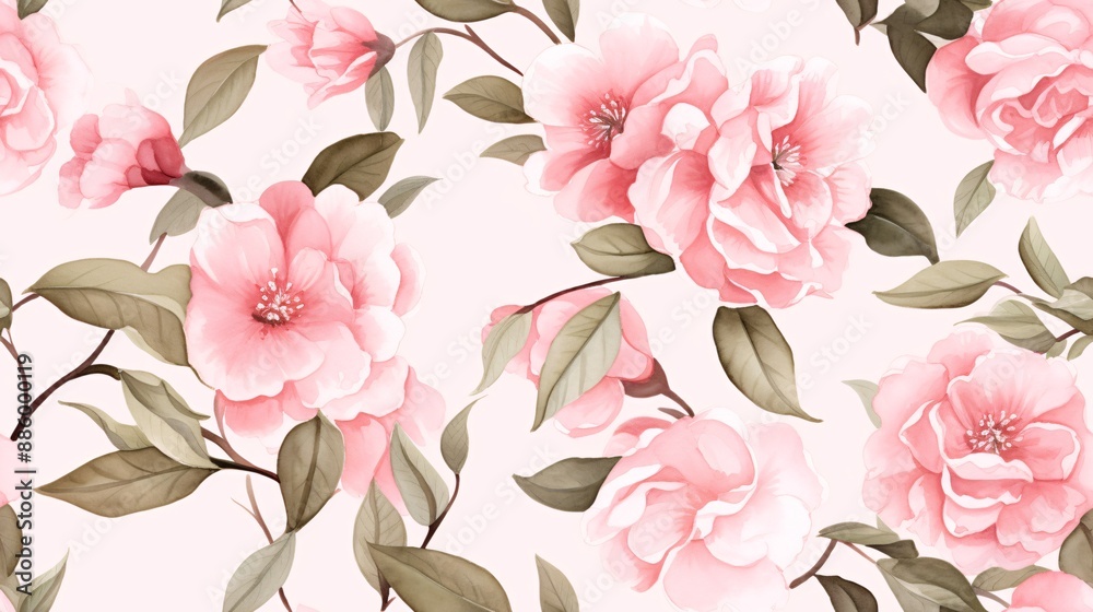 Fototapeta premium Seamless watercolor camellia flowers in full bloom with delicate leaves on a sophisticated backdrop