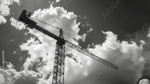 A crane is lifting something heavy under the cloudy sky. photo