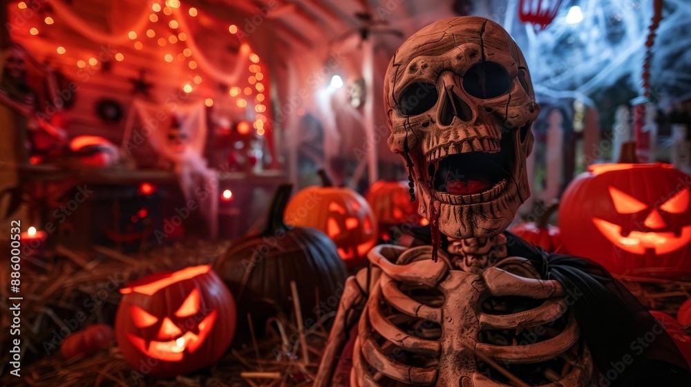 A skeleton is standing in front of a bunch of pumpkins A skeleton is standing in front of a bunch of pumpkins