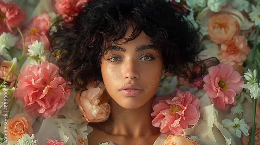 Portrait of a woman with delicate pink flowers around her, reminiscent of high-end fashion photography. Ideal for beauty and fashion campaigns. Portrait of a woman with delicate pink flowers around her, reminiscent of high-end fashion photography. Ideal for beauty and fashion campaigns.