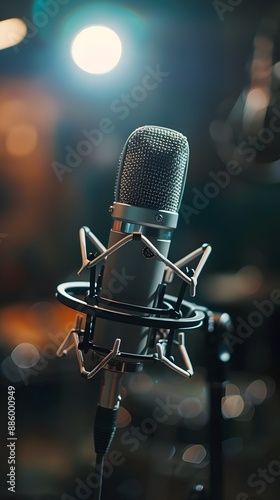 Solitary Microphone on Stand with Spotlight and Blurred Background