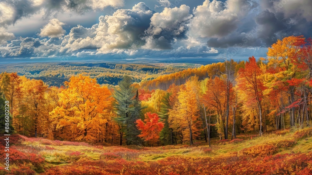 Fototapeta premium A vast expanse of vibrant autumn foliage dominates the foreground, with a mix of yellows, oranges, and reds. The trees stand tall against a backdrop of distant rolling hills, their peaks disappearing 