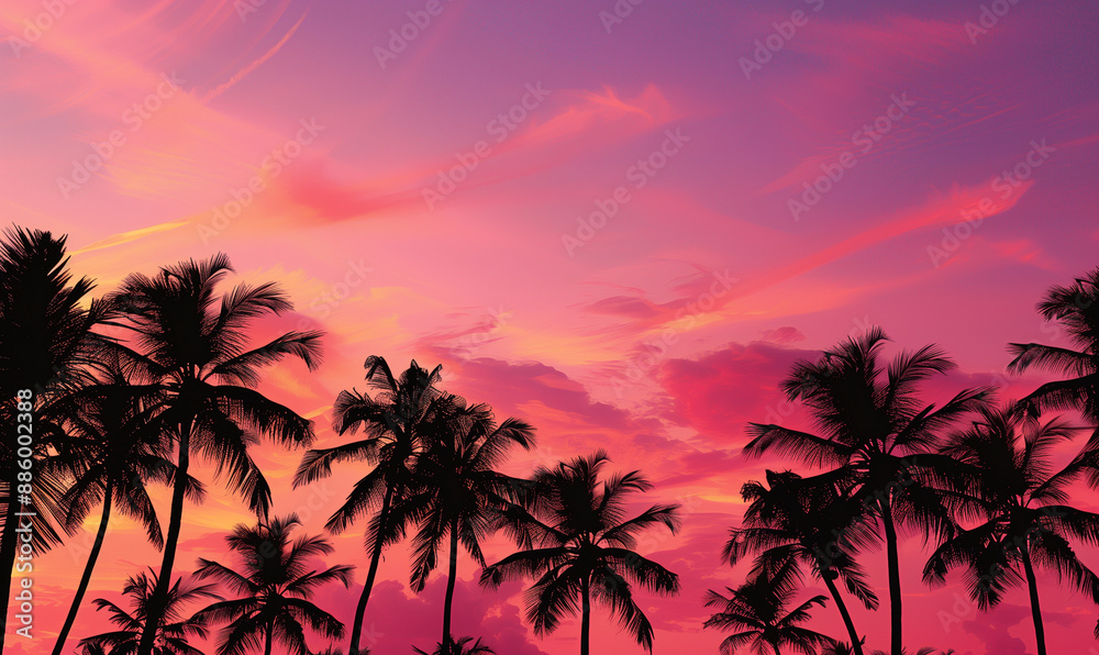 Pink and orange sky with silhouetted palm trees Pink and orange sky with silhouetted palm trees