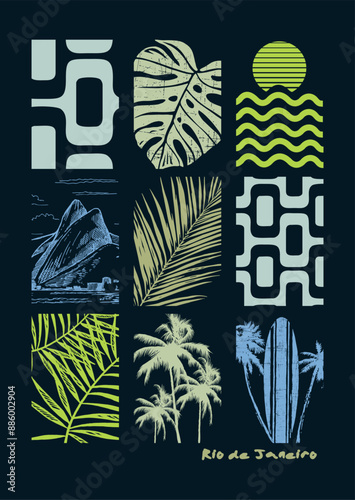 Editable illustration of composition with elements of the city of Rio de Janeiro. Art with tropical summer motifs.