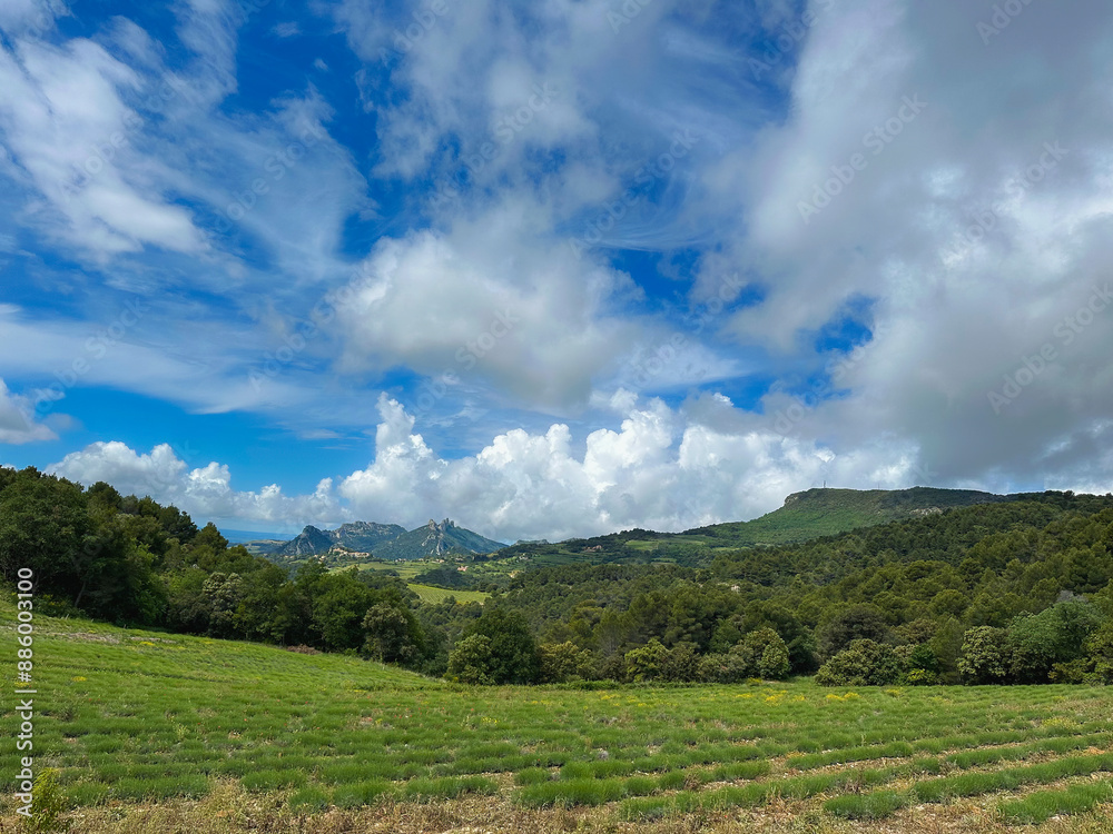 2024-05-16 LANDSCAPE SCENE OF A VALLEY AND ROCK FORMATION WITH A BEAUTIFUL BLUE AND CLOUDY SKY NEAR SUZETTE FRANCE IN THE PROVENCE REGION- 2024-05-16 LANDSCAPE SCENE OF A VALLEY AND ROCK FORMATION WITH A BEAUTIFUL BLUE AND CLOUDY SKY NEAR SUZETTE FRANCE IN THE PROVENCE REGION-