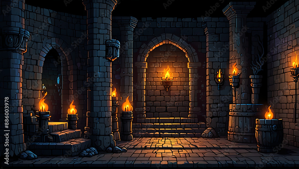 Illustration of a pixel art dungeon background with stone walls ...