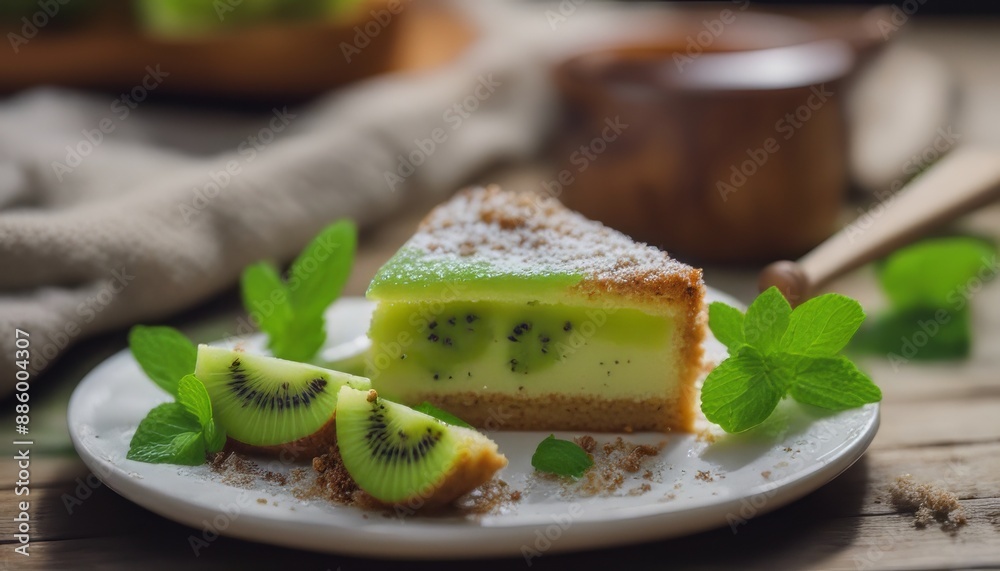 A piece of sweet cake with kiwi and honey, mint and topping in a plate A piece of sweet cake with kiwi and honey, mint and topping in a plate