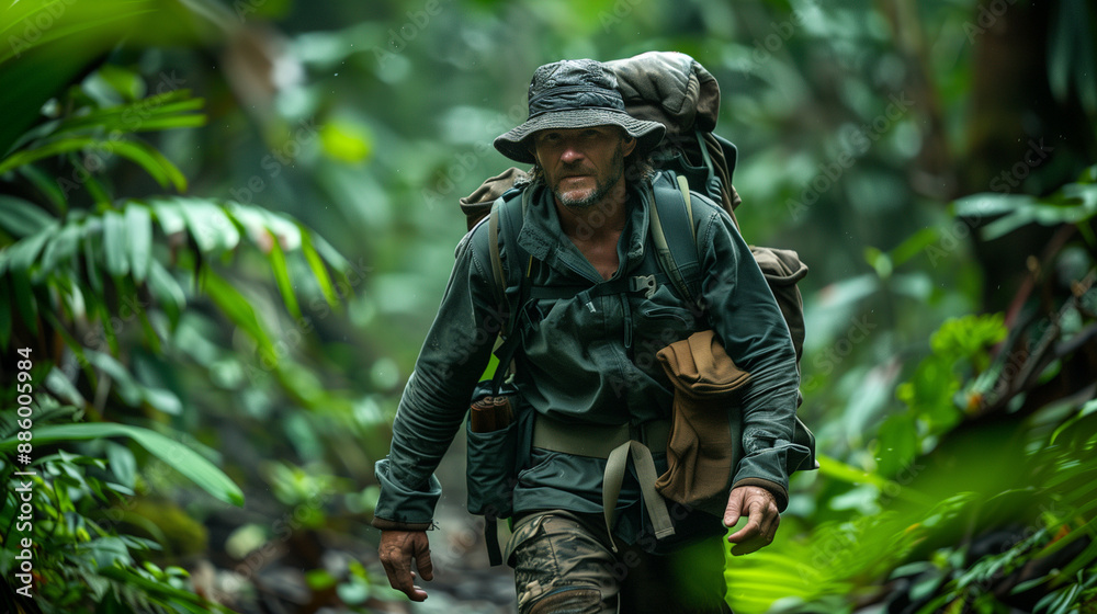 a solo explorer with complete gear and equipment travelling through the jungle a solo explorer with complete gear and equipment travelling through the jungle