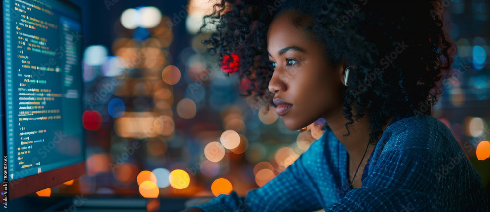 A Black IT Ethical Hacker and Software Developer Analyzing Artificial Intelligence Threats in a Dark Office, African American Cybersecurity Analyst Utilizing Generative AI