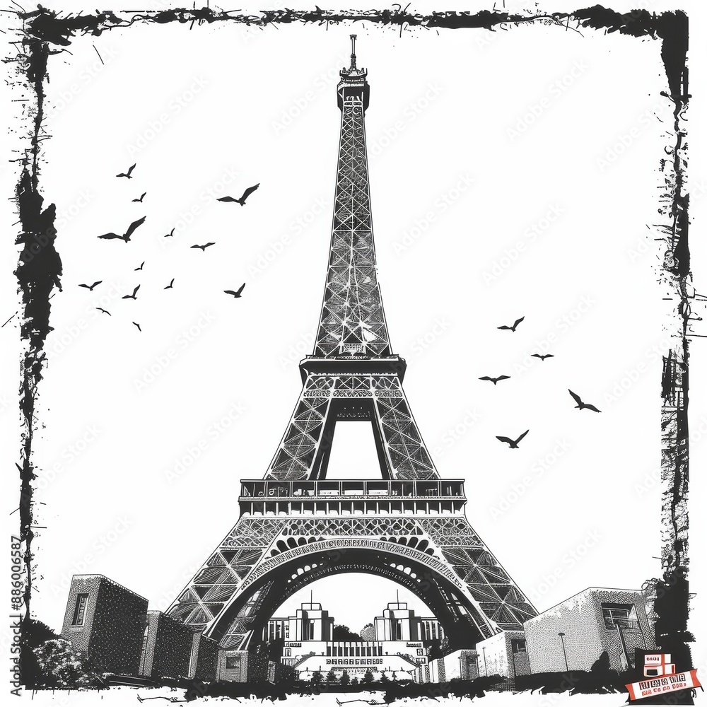 Fototapeta premium Black and white illustration of the Eiffel Tower with flying birds and rustic border design for a unique artistic touch.