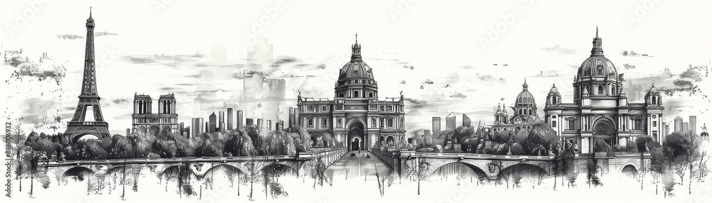 Hand-drawn black and white sketch of Paris skyline including Eiffel Tower and famous landmarks. Elegant and detailed urban cityscape illustration.