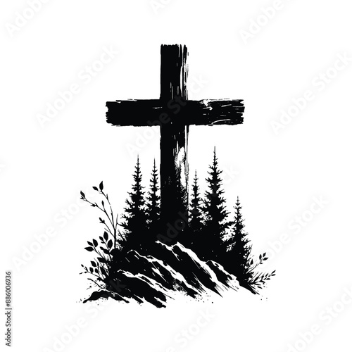 Cross in Nature, Place the cross in a natural setting like a forest or by a river, in flat illustration