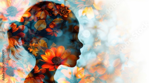 Artistic silhouette of a woman with overlaying floral patterns, featuring vibrant flowers and a dreamy, blurred background. photo