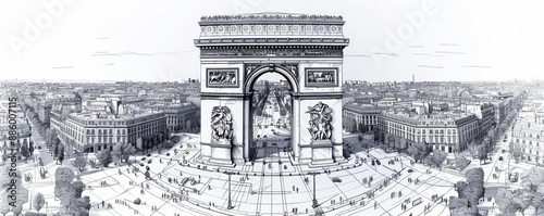 Iconic Arc de Triomphe in Paris Captured from a Drone in Pen Drawing