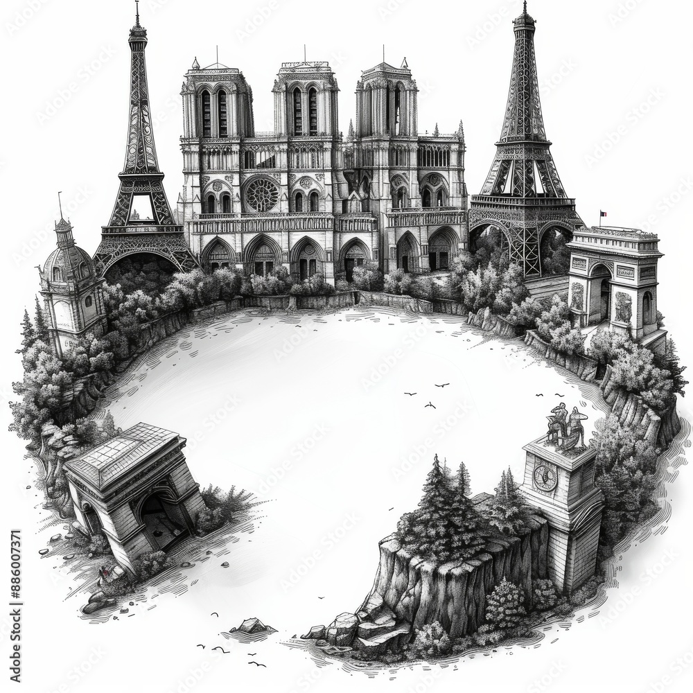Obraz premium Iconic French Landmarks Arranged in Detailed Wood Carving Art for T shirt Design
