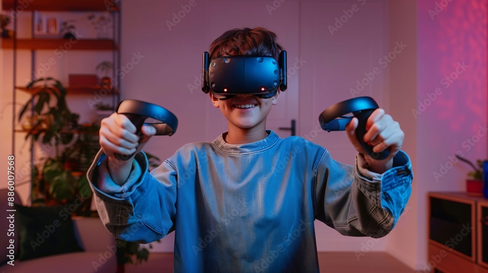 Smiling Child Immersed in Gaming with Augmented Reality Glasses and Joysticks, Living Room Setting, Cutting-Edge Technology, Interactive Fun, Virtual Entertainment. Smiling Child Immersed in Gaming with Augmented Reality Glasses and Joysticks, Living Room Setting, Cutting-Edge Technology, Interactive Fun, Virtual Entertainment.