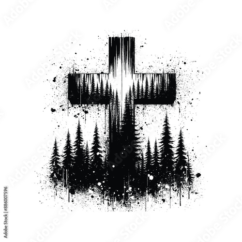 Cross in Nature, Place the cross in a natural setting like a forest or by a river, in flat illustration