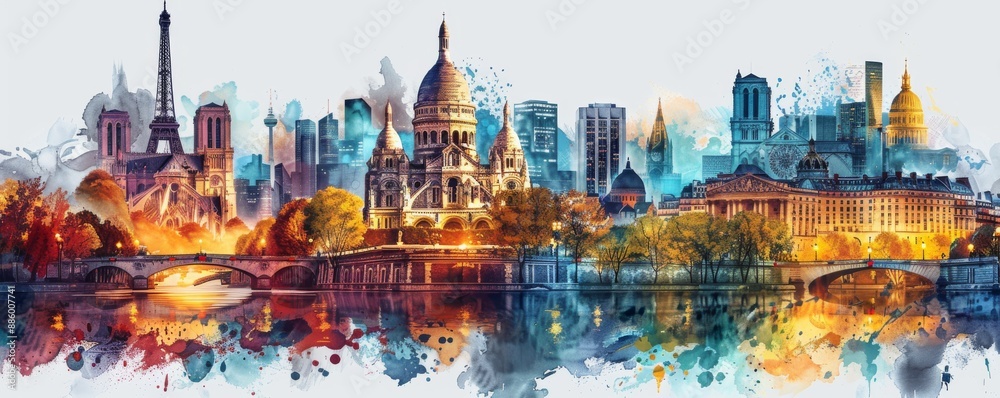 Fototapeta premium Iconic Landmarks of France Depicted in Vibrant with Watercolor and Ink Elements