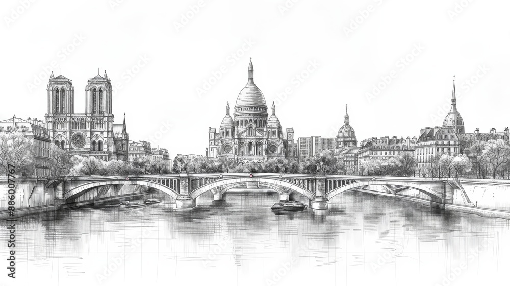 Obraz premium Iconic Landmarks of France in Minimalist Pen Drawing Art for Notepaper Cover
