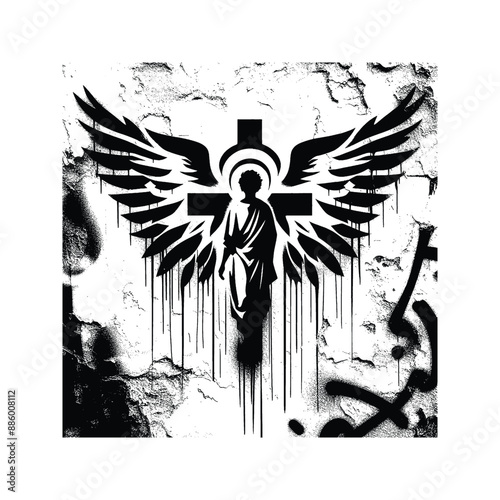 cross with angel behind in graffiti stencil with simple paint dripping