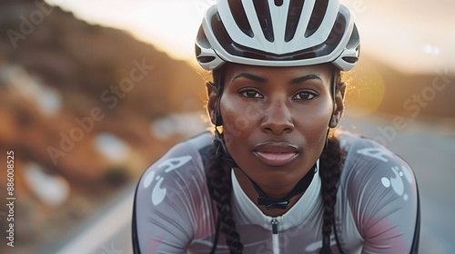 Dynamic Female Cyclist Conquers Sunny Road in Professional Gear with Sleek Helmet photo