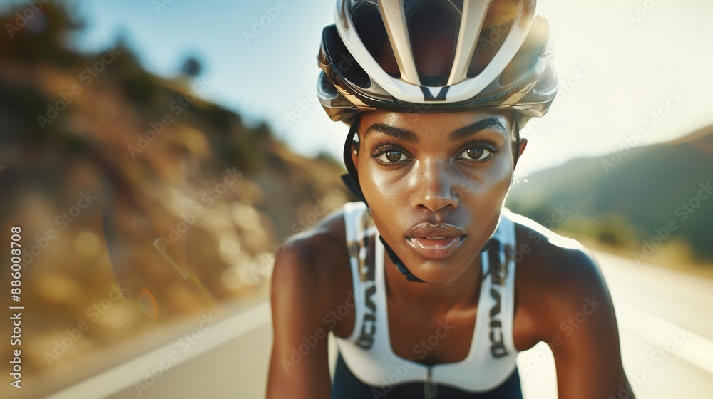 Fototapeta premium Dynamic Female Cyclist Conquers Sunny Road in Professional Gear with Sleek Helmet