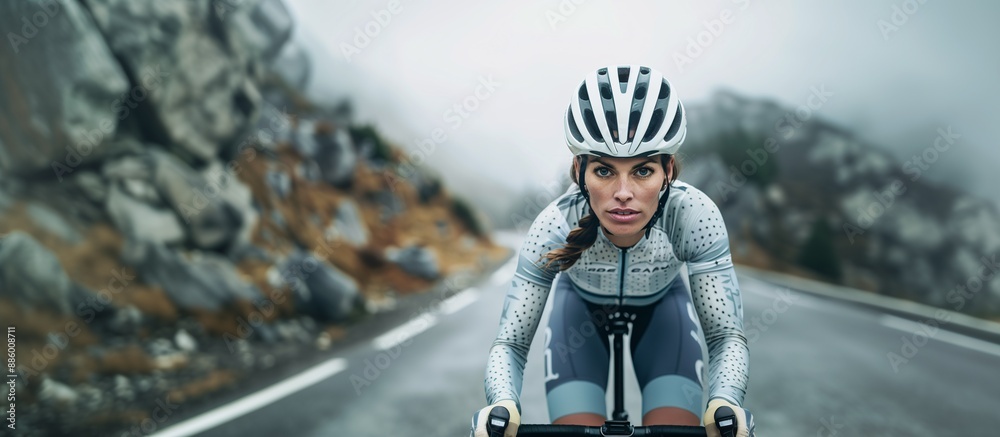 Fototapeta premium Dynamic Female Cyclist Conquers Cloudy Road in Professional Gear with Sleek Helmet, Copy Space.