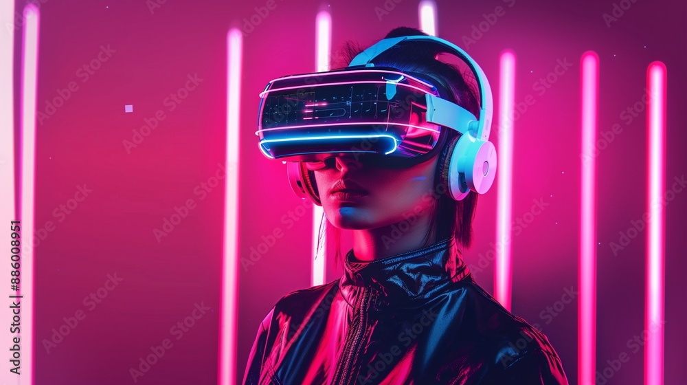 Stylish Girl Immersed in Virtual Reality with VR Headset, Neon Lights, Futuristic Experience. Stylish Girl Immersed in Virtual Reality with VR Headset, Neon Lights, Futuristic Experience.