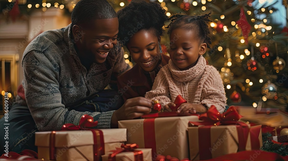 Family opening presents under a decorated Christmas tree, highlighting holiday joy
