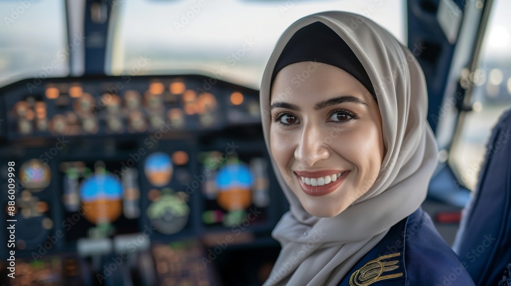 Professional Muslim Female Pilot in Hijab Wearing Full Uniform Smiling in Cockpit Reflecting Aviation Expertise Professional Muslim Female Pilot in Hijab Wearing Full Uniform Smiling in Cockpit Reflecting Aviation Expertise