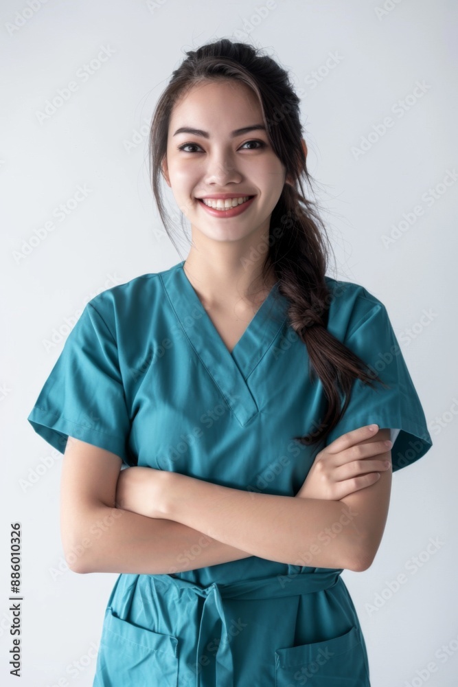 beautiful woman happy face smiling with crossed arms looking at the camera, medical doctor clothes Soft beautiful woman happy face smiling with crossed arms looking at the camera, medical doctor clothes Soft