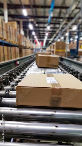 Close-up of Multiple Cardboard Boxes Moving Seamlessly Along Conveyor Belt in Warehouse Fulfillment Center, Showcasing E-commerce, Delivery, Automation, and Product Packaging Inspection, AI-Generated,