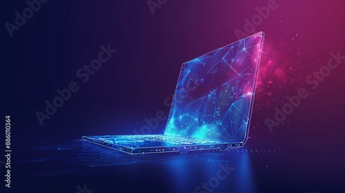 Wallpaper Mural Futuristic Holographic Laptop: Wireframe Design with Blue Gradient.
 Torontodigital.ca