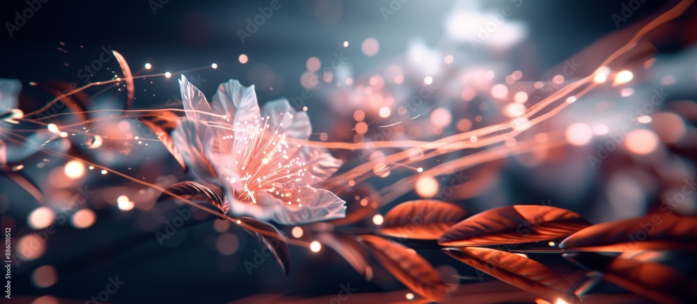 Night Blossoms: Luminous White Flowers on Branch with Bokeh Lights and Copy Space - 3D Rendering Night Blossoms: Luminous White Flowers on Branch with Bokeh Lights and Copy Space - 3D Rendering