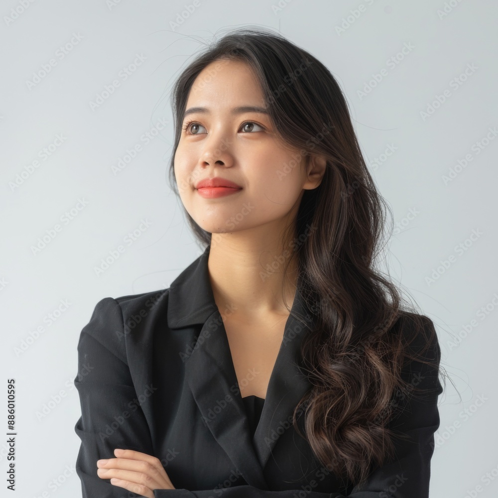 Asian woman, intellectual, smiling, generous and decent, 30 years old, wearing formal clothes, long hair, slanted profile, exquisite facial features Asian woman, intellectual, smiling, generous and decent, 30 years old, wearing formal clothes, long hair, slanted profile, exquisite facial features