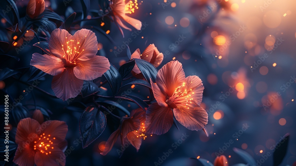 Fototapeta premium Enchanting Night Blooms, Abstract Branch with Luminous Flowers and Bokeh Lights, 3D Rendering.