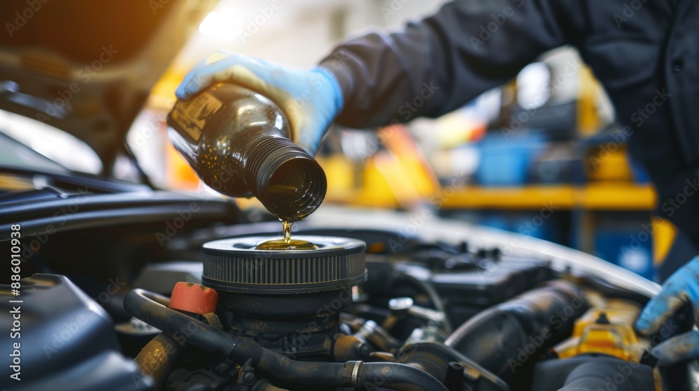 Mechanic adds oil to a car engine. Mechanic adds oil to a car engine.
