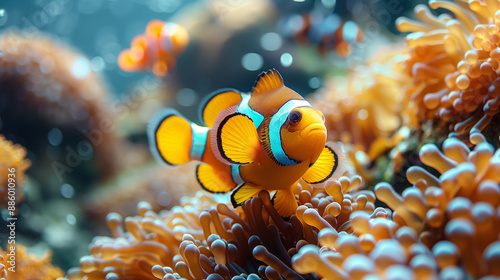 Clown fish with ​​anemone in the deep sea underwater. Anemone fish Nemo background