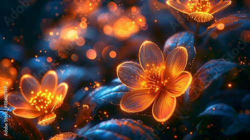 Enchanting Night Blooms, Abstract Branch with Luminous Flowers and Bokeh Lights, 3D Rendering.